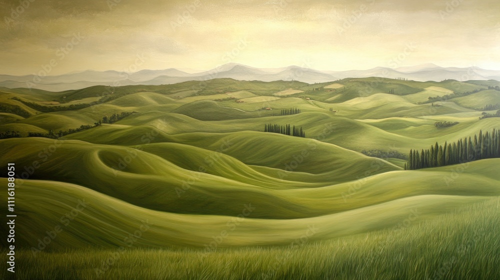 Serene Green Hills of Tuscany under Soft Light with Rolling Meadows and Distant Mountains in the Background Serene Green Hills of Tuscany under Soft Light with Rolling Meadows and Distant Mountains in the Background