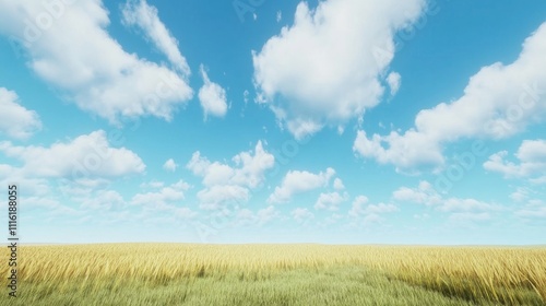 Golden grain field under a bright blue sky with fluffy white clouds creating a serene rural landscape atmosphere.