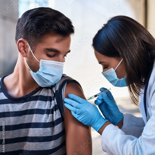 young man getting Covid-19 vaccine jab, AI generated photo