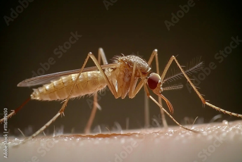 Wallpaper Mural A mosquito perched on a skin surface, with visible details of its body and sharp proboscis, with copy space. Dim light.  Torontodigital.ca