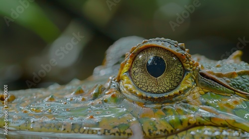 Close up of a wild crocodile s eye showcasing rich golden tones and intriguing details photo