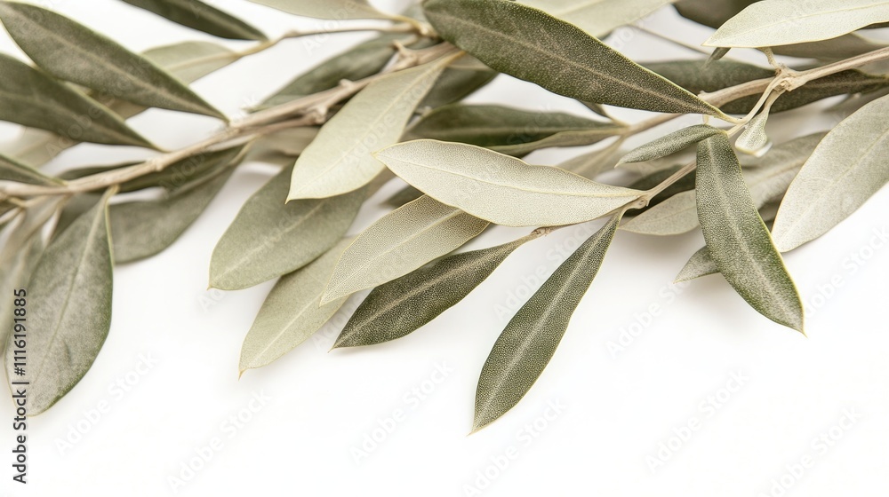 Obraz premium Dry olive leaves serve as a unique Christmas decoration. The dry olive leaves add a touch of nature, perfect for festive arrangements. Space for text or designs on a white background.