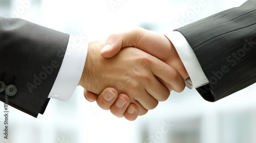 Close-up of two businessmen shaking hands, signifying agreement and partnership.