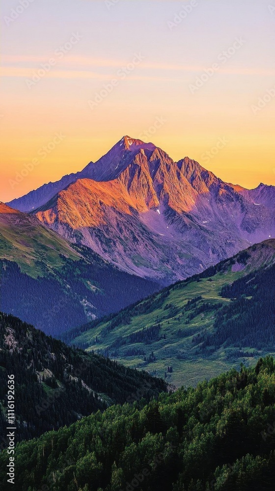 A scenic mountain landscape at sunset with vibrant colors. A scenic mountain landscape at sunset with vibrant colors.