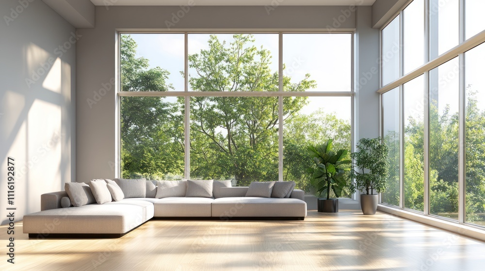 Fototapeta premium Modern Living Room With Large Windows and Lush Greenery Views