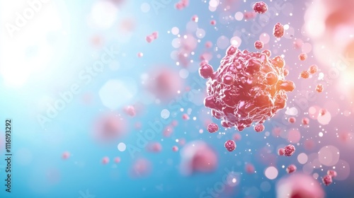 A colorful visualization of a virus or cell floating in a soft, luminous background, illustrating concepts related to biology, health, or microbiology. photo