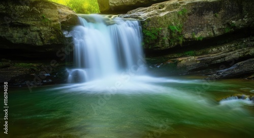 Serene waterfall oasis in lush green