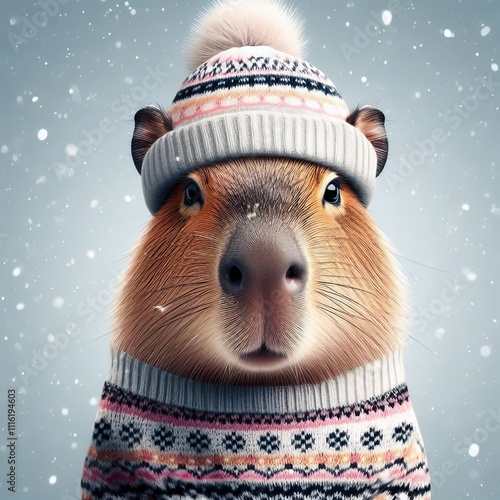 Portrait of cute capybara in warm pink hat with scandinavian pattern. Winter illustration. Merry Christmas. Greeting card photo