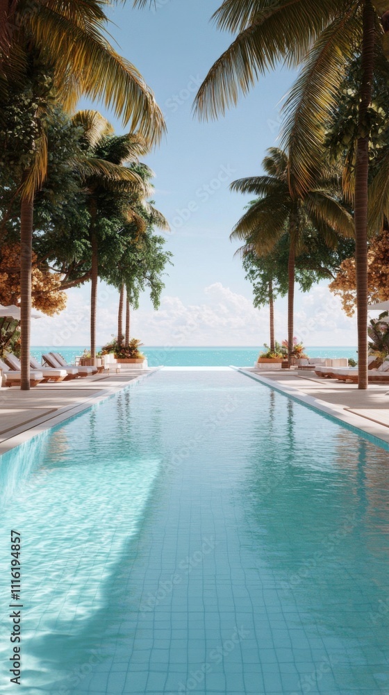 Fototapeta premium Luxurious tropical resort pool surrounded by palm trees, overlooking a serene ocean view, AI