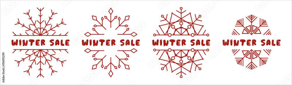 Winter Sale Snowflake Icons. Red Geometric Snowflake Design Set. Minimalist Snowflakes for Holiday Promotions. Winter Sale Snowflake Icons. Red Geometric Snowflake Design Set. Minimalist Snowflakes for Holiday Promotions.