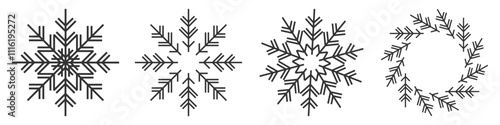 Geometric Snowflakes and Wreath Vector Set. Winter Snowflake Icons. Snowflake Line Art. Black and White Snowflake Symbols. Minimal Snowflakes Design