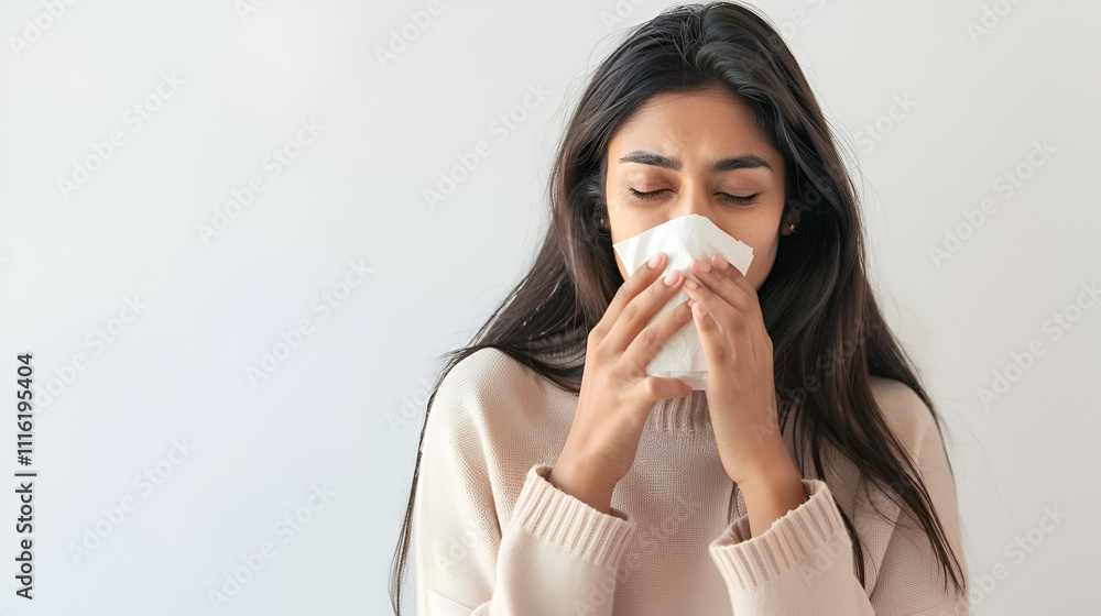 On a white background, a middle-aged Desi woman sneezes with a tissue copy space On a white background, a middle-aged Desi woman sneezes with a tissue copy space