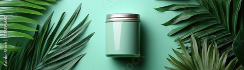 A minimalistic green jar placed among lush green palm leaves on a soft green background, creating a fresh and natural aesthetic.
