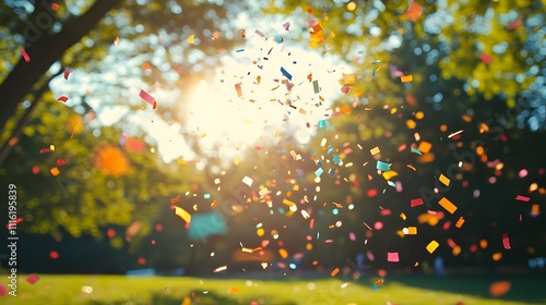 A dynamic capture of a colorful confetti cannon going off during a child s birthday party at a park.