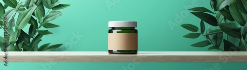 A glass jar with a blank label sits on a wooden shelf, surrounded by green leaves against a vibrant green background.