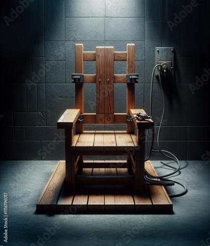 electric chair in a dramatic shoot, made by wood with a cord plugged into rustic textured wall