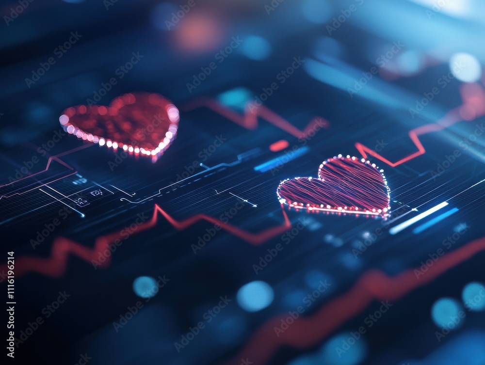 Fototapeta premium A digital illustration of hearts on a health monitor, symbolizing love, heartbeat, and emotional connection in a futuristic context.