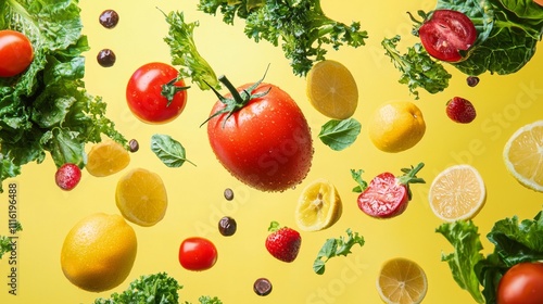 Floating fresh vegetables and fruits on yellow background photo