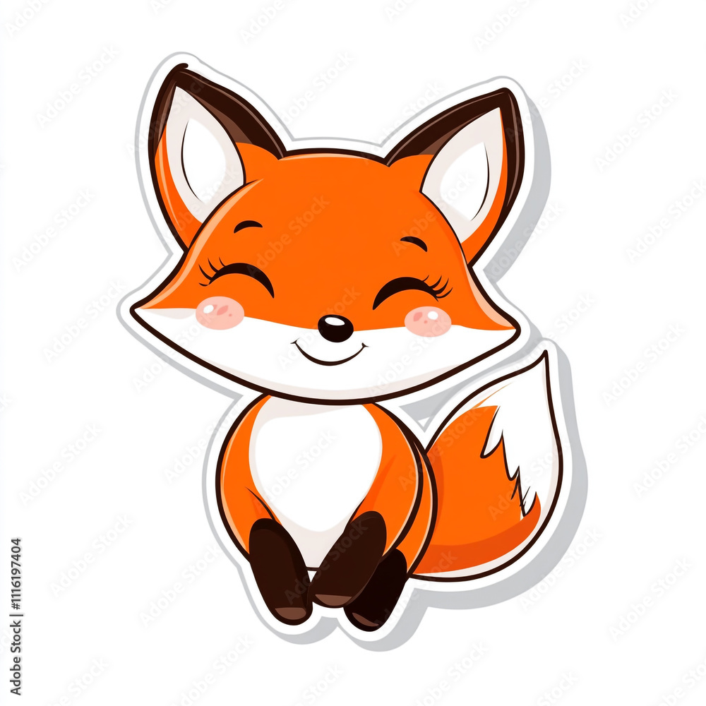 Obraz premium A cute cartoon fox is sitting on a white background. The fox has a big smile on its face. 
