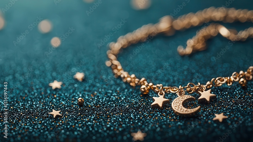 Artistic shot of a bracelet with small moon and star charms, Celestial Jewelry, Whimsical Elegance Artistic shot of a bracelet with small moon and star charms, Celestial Jewelry, Whimsical Elegance