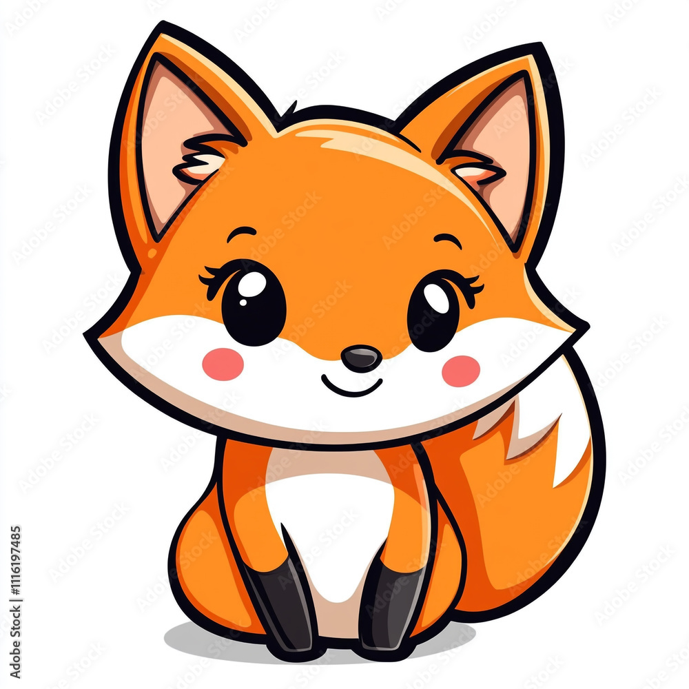 Obraz premium A cute cartoon fox is sitting on a white background. The fox has a big smile on its face. 