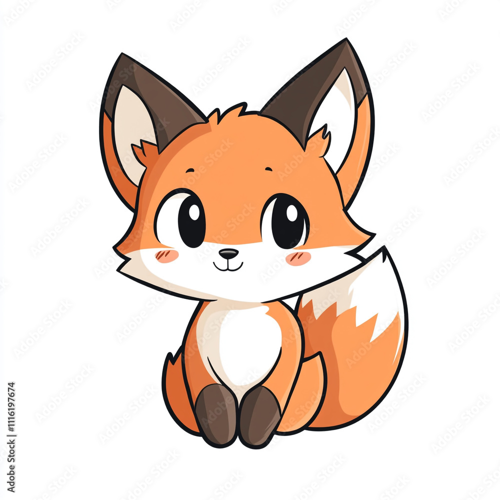 Fototapeta premium A cute cartoon fox is sitting on a white background. The fox has a big smile on its face. 