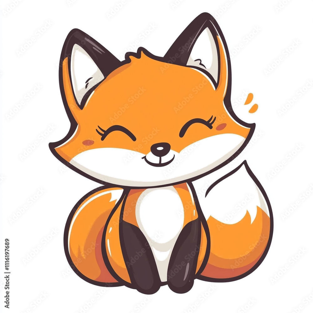 Obraz premium A cute cartoon fox is sitting on a white background. The fox has a big smile on its face. 