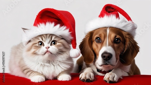 Cat, Dog, Santa Hat, Christmas, Holiday, Festive, Pet, Furry, Cute, Adorable, Fluffy, White, Brown, Red, Green, Celebration, December, Winter, Joy, Happiness, Companion, Friendship, Playful, Warm, Coz