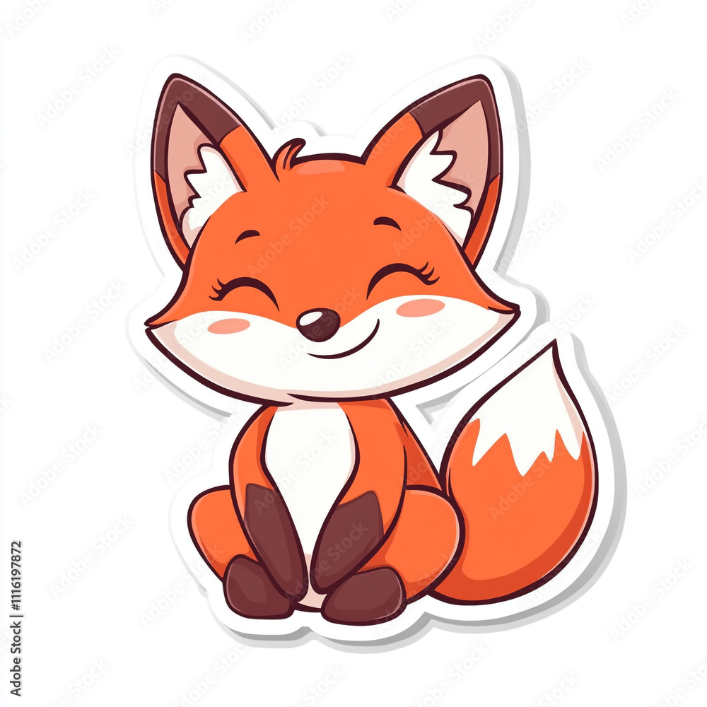 Obraz premium A cute cartoon fox is sitting on a white background. The fox has a big smile on its face. 