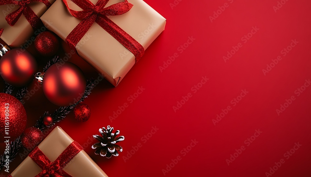 Festive Christmas Gifts Red Ornaments Pine Cone on Red Background Festive Christmas Gifts Red Ornaments Pine Cone on Red Background