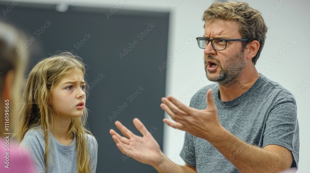 A classroom scene with a teacher and student in a disagreement A classroom scene with a teacher and student in a disagreement