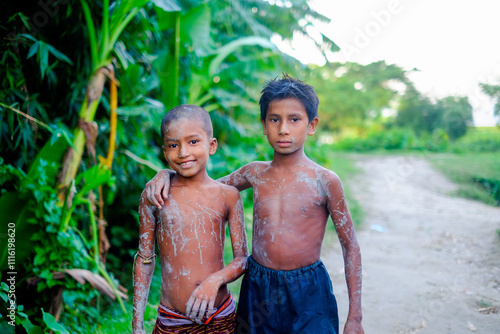 Εκτύπωση καμβά South asian rural kids in outdoor, underprivileged poor children having muddy bo