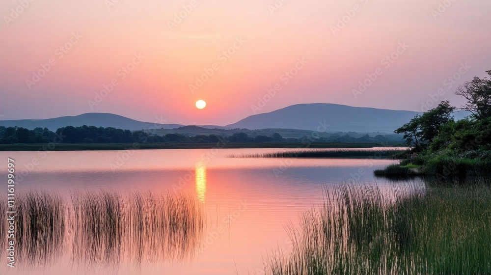 Fototapeta premium Serene sunset over a tranquil lake with distant mountains.