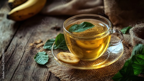 Close up of plantain tea. Selective focus photo