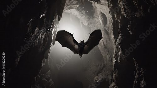 Silhouette of a bat flying through a narrow cave passage, guided by sonar, highlighting the courage to face the unknown. photo