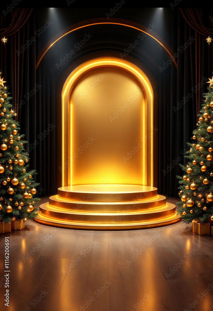 Fototapeta premium marry christmas elegant luxury gold podium stage display mockup show product presentation