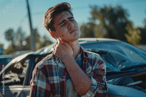 Young man rubbing neck in pain from whiplash injury standing by damaged car after traffic accident