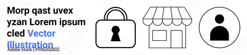 Lock, storefront, and user circle icons next to scrambled text. Ideal for online security, e-commerce, user profiles, business identity, privacy themes digital marketing and landing pages. Landing