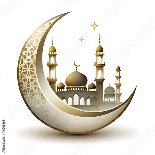 Wallpaper Mural beautifully designed Eid Mubarak elements and icons, perfect for festive designs. These illustrations feature crescent moons, lanterns, stars, mosques, and more, all on a clean white background. Torontodigital.ca