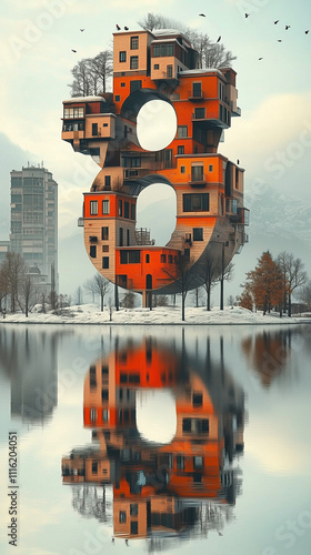 An intricate number eight-shaped structure made of orange and beige houses, standing tall over a snowy lakeside landscape with modern and natural elements.