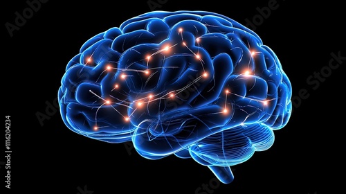 3D rendered human brain with highlighted neural connections.