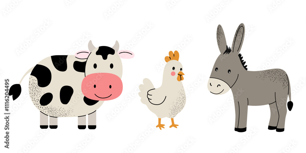 Fototapeta premium Cute farm animals set. Cow, chicken, donkey. Flat set of home animals, pets.