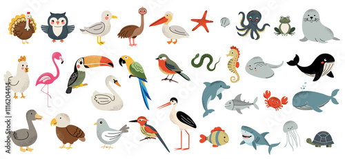 Set of cute birds and fishes. Water inhabitants. Tropical and domestic birds. Cartoon animal characters.
