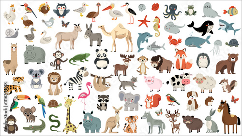 Cartoon animal characters. Big set of wild animals. Water inhabitants, african, domestic animals. Savanna. Birds