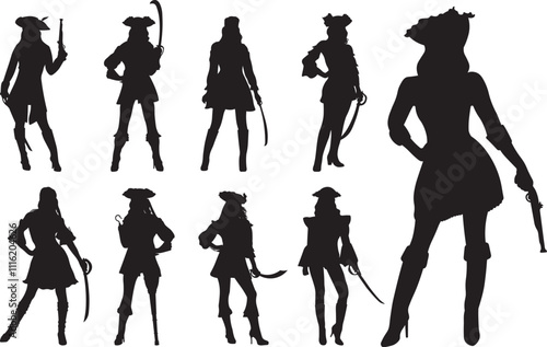 Female pirate silhouettes vector illustration set