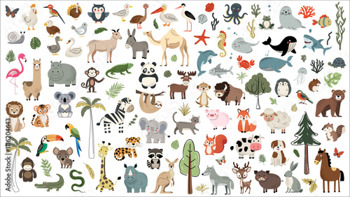 Big set of animals. Cartoon animal characters and woodland elements, tropical leaves. Water inhabitants, african, domestic animals. Safari. Birds