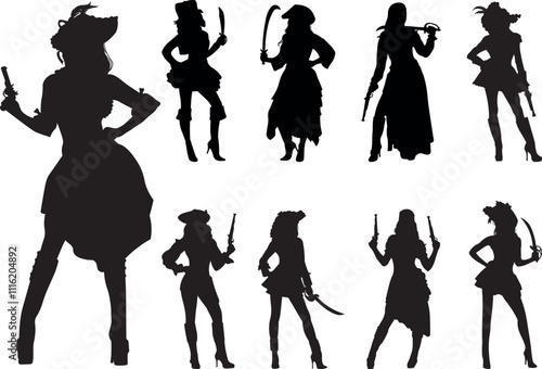 Female pirate silhouettes vector illustration set