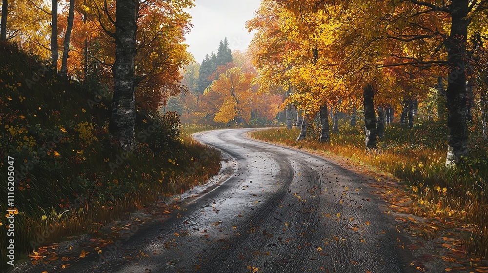 Fototapeta premium Winding Road Surrounded by Autumn Forest