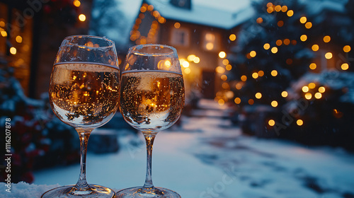 Two wine glasses filled with white wine are placed in the snow, surrounded by pine cones and fairy lights. In the background, a cozy house with Christmas lights is visible, creating a festive winter s photo