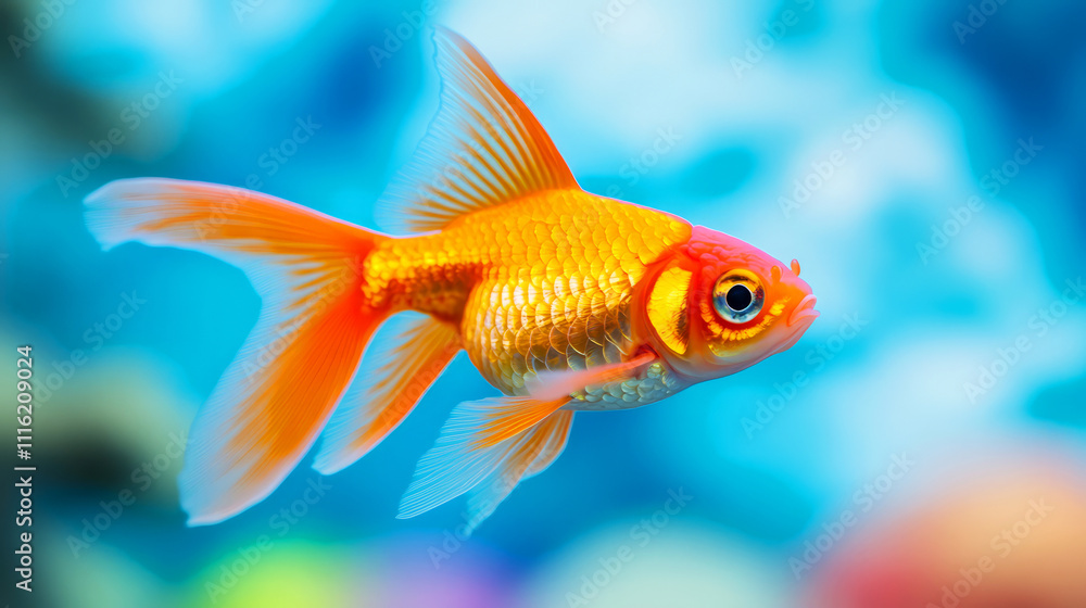 Fototapeta premium Vibrant Goldfish Swimming Gracefully in Clear Blue Water with Luminous Background Elements